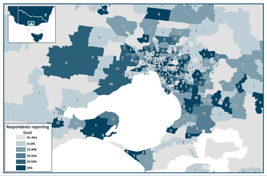 A map of metropolitan Melbourne showing trust by postal area.  There are no clear trends by area.