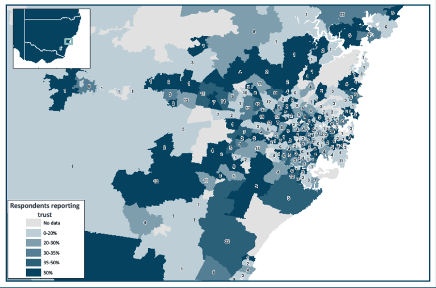 A map of metropolitan Sydney showing trust by postal area.  There are no clear trends by area.