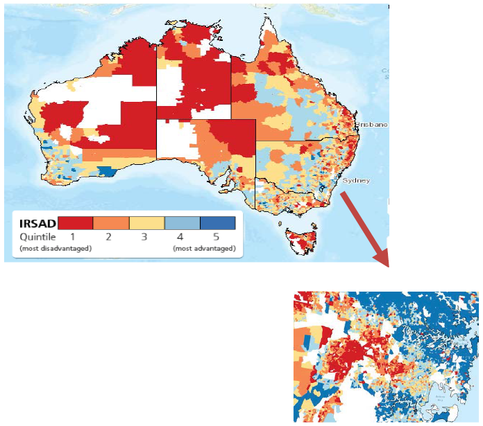 A map of Australia showing areas of advantage across Australia. In general it shows large areas of disadvantage across the centre of the country and reaching up to the northern coast, with areas of advantage surrounding the major cities. There is an inset map of Greater Sydney showing areas of advantage to the north, south and south west of the city, with a large area of disadvantage directly west of the city.