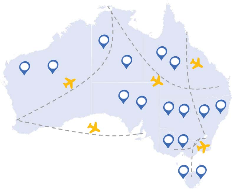 A map showing indicative locations of study communities all over Australia. To preserve privacy, the actual location of each community is not publically released. Each state and territory has at least 2 study communities (except the ACT).