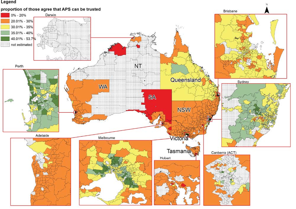 A map of Australia showing small area trust in government services, with insets for major cities. It shows trust in 5 levels, 0-20% (low), 20.02-30 (mid-low), 30.01 – 35 medium), 35.01 – 40 (mid-high) and 40.01 to 53.7% (high). Low levels of trust are shown across outback SA and northern WA. It shows mid-low levels of trust across most of NSW, WA and other country areas of SA. It shows medium levels of trust across most of Queensland. In Brisbane, it shows mid-low and medium levels of trust. In Sydney, it shows mainly mid-high levels of trust with some medium. In Hobart, levels of trust are mainly mid-low. In Melbourne, the inner suburbs are mainly high and mid-high, with outer suburbs being medium and mid-low. Adelaide is mainly mid low, with small areas of medium. Perth is mainly high and mid-high with isolated areas of medium levels of trust. Large parts of Canberra, outback WA, outback SA and outback NT are not estimated.