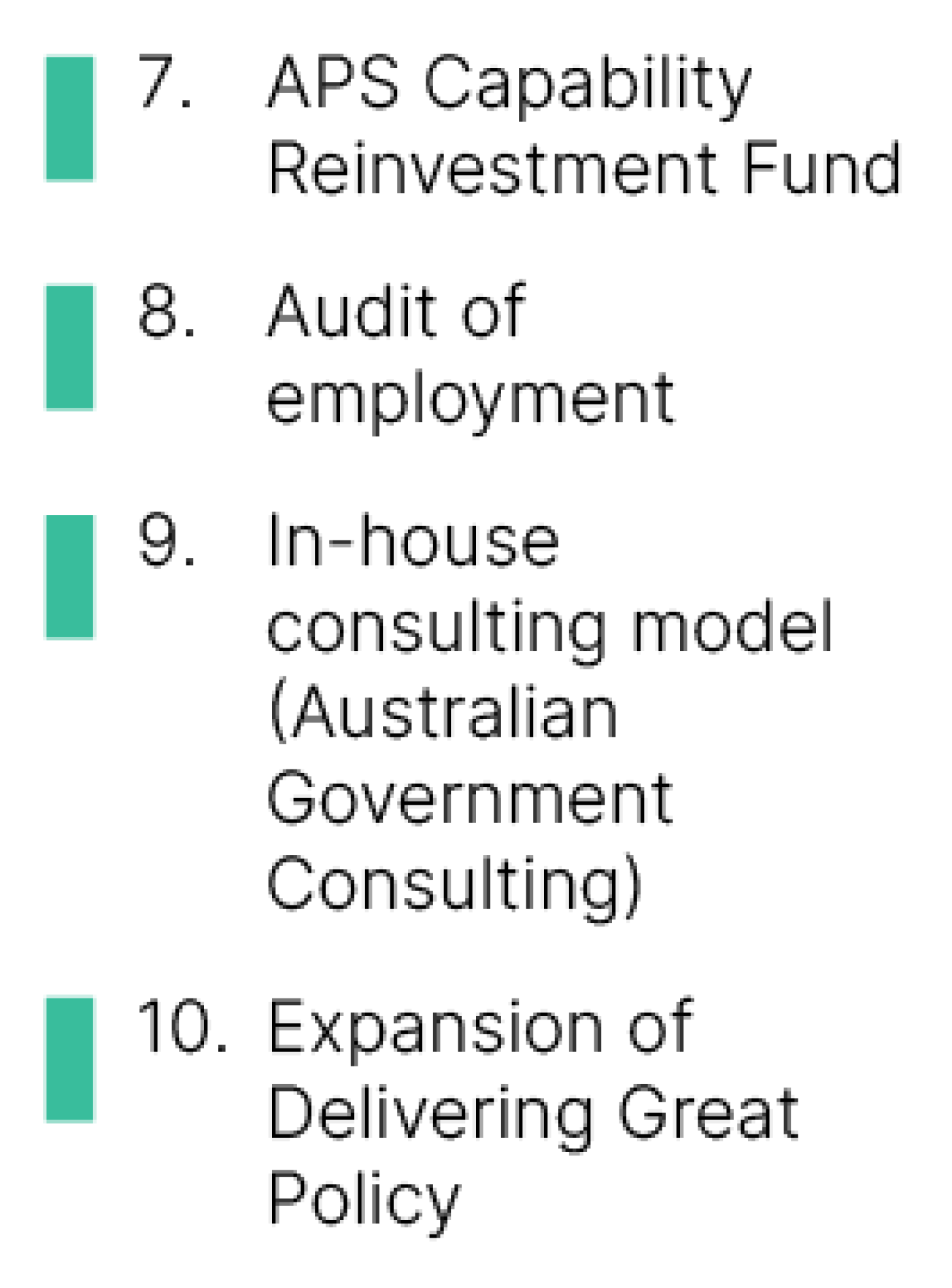 23% (10 of 44) initiatives are complete, including: APS Capability Reinvestment Fund, Audit of employment, In-house consulting model (Australian Government Consulting), Expansion of Delivering Great Policy - (under the APS has the capability to do its job well pillar)