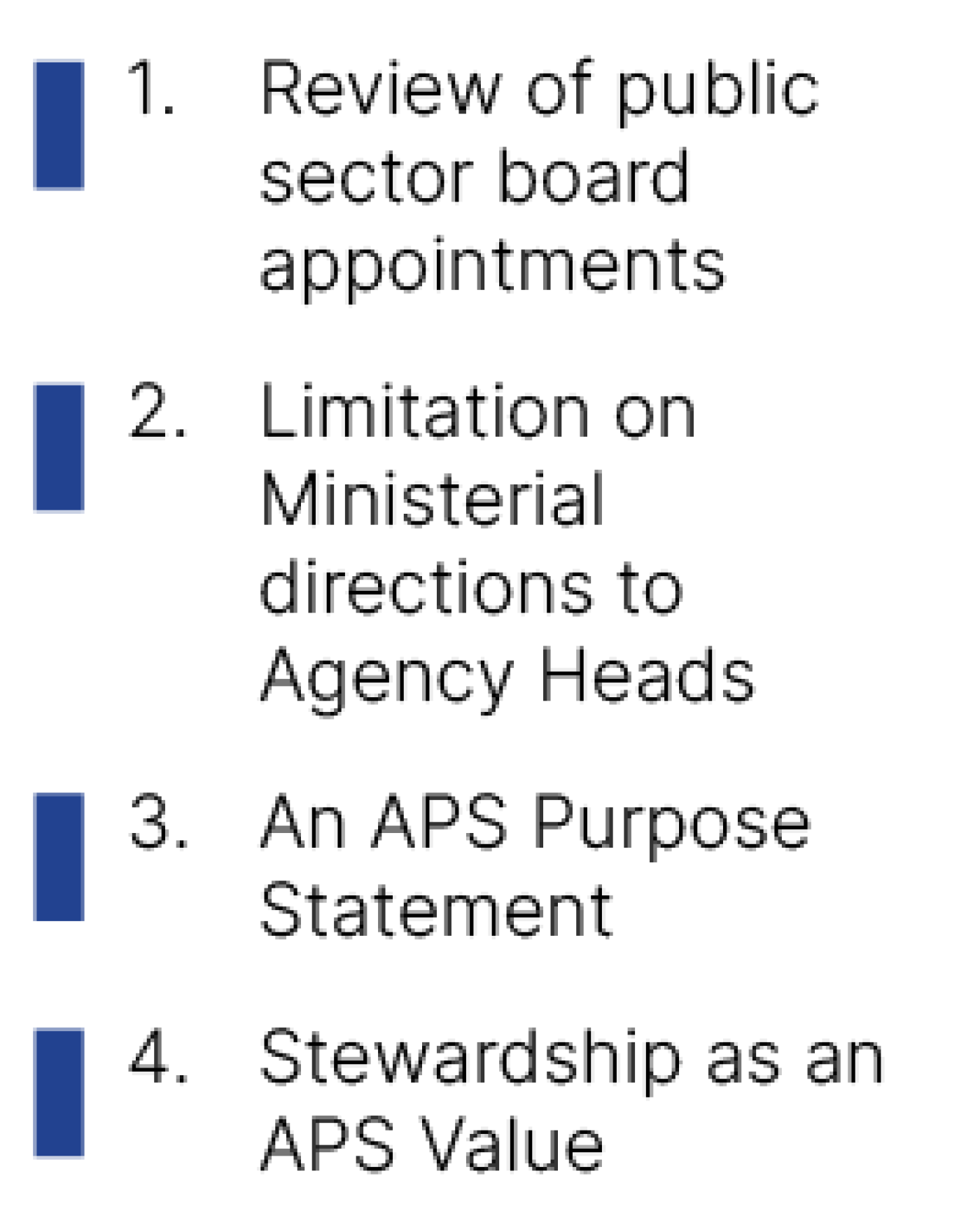 25% (11 of 44) initiatives are in planning stage, including: Review of public sector board appointments, Limitation on Ministerial directions to Agency heads, An APS Purpose Statement, Stewardship as an APS value