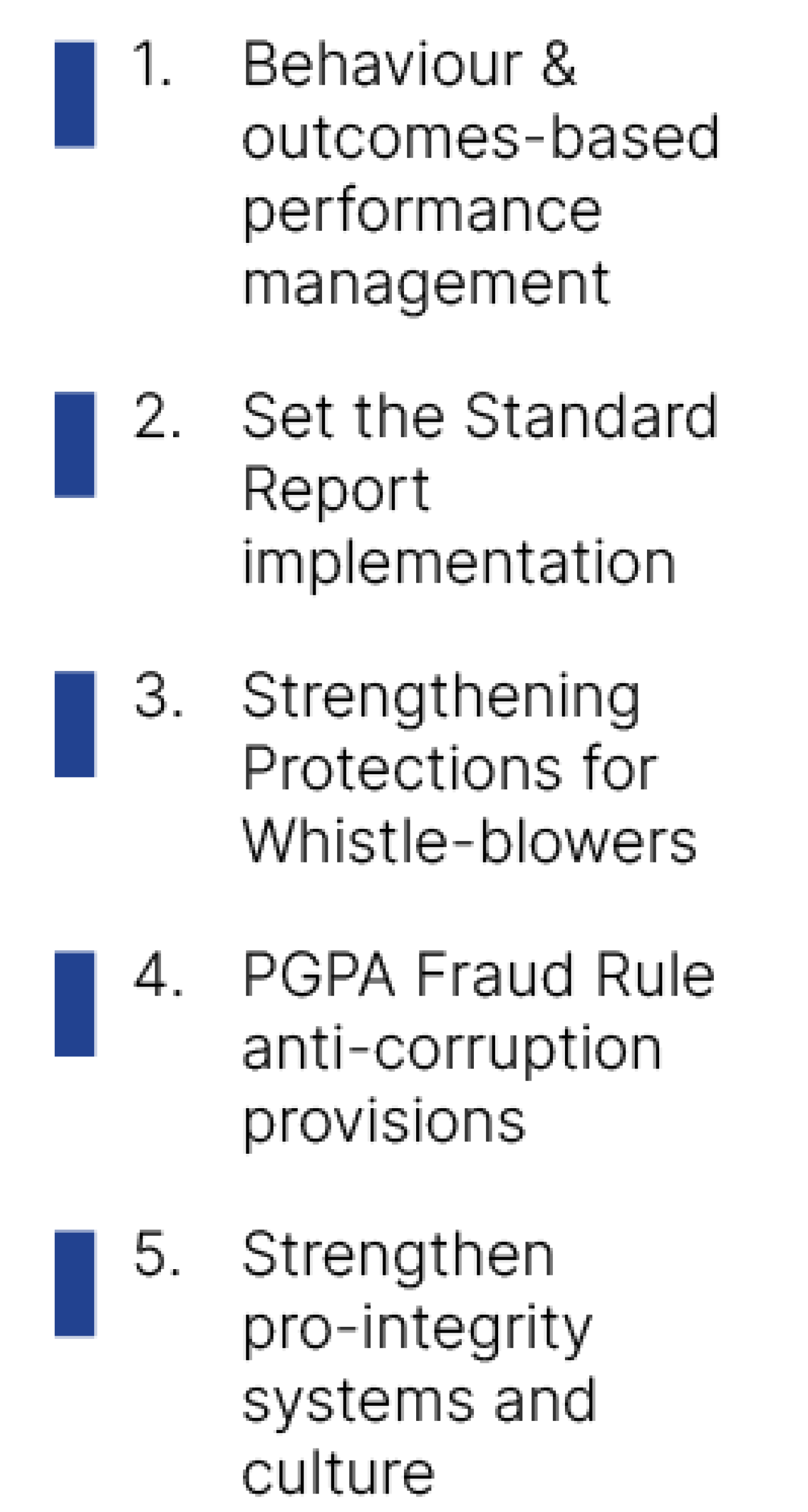 34% (15 of 44) initiatives are currently in delivery stage. These include: Behavior & outcomes-based performance management, Set the Standard Report implementation, Strengthening Protections for Whistle-blowers, PGPA Fraud Rule anti-corruption provisions, Strengthen pro-integrity systems and culture (under the APS embodies integrity in everything it does pillar)