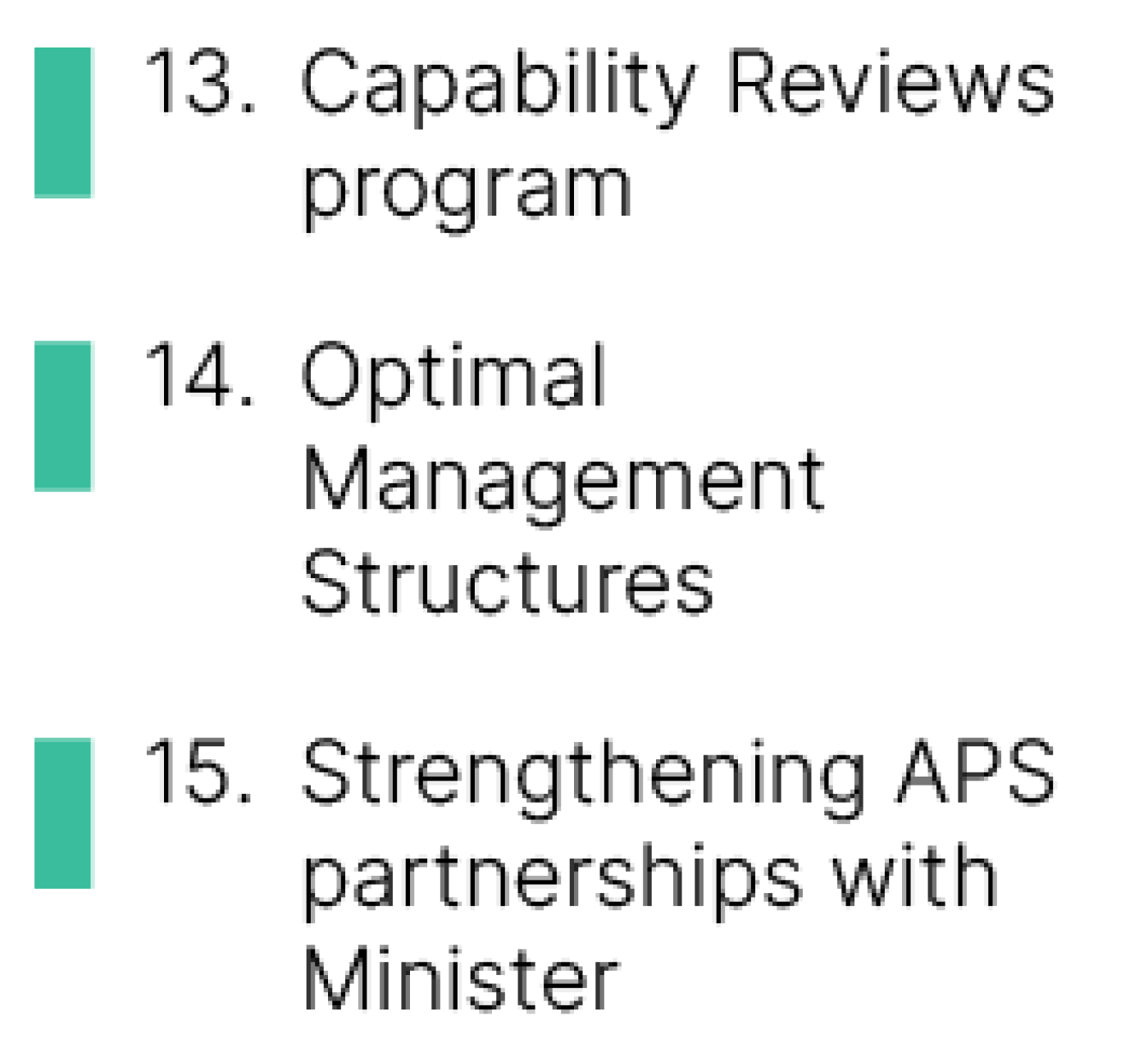 34% (15 of 44) initiatives are currently in delivery stage. These include: Capability Reviews program, Optimal Management Structures, Strengthening APS partnerships with Ministers -(under the APS has the capability to do its job well pillar)