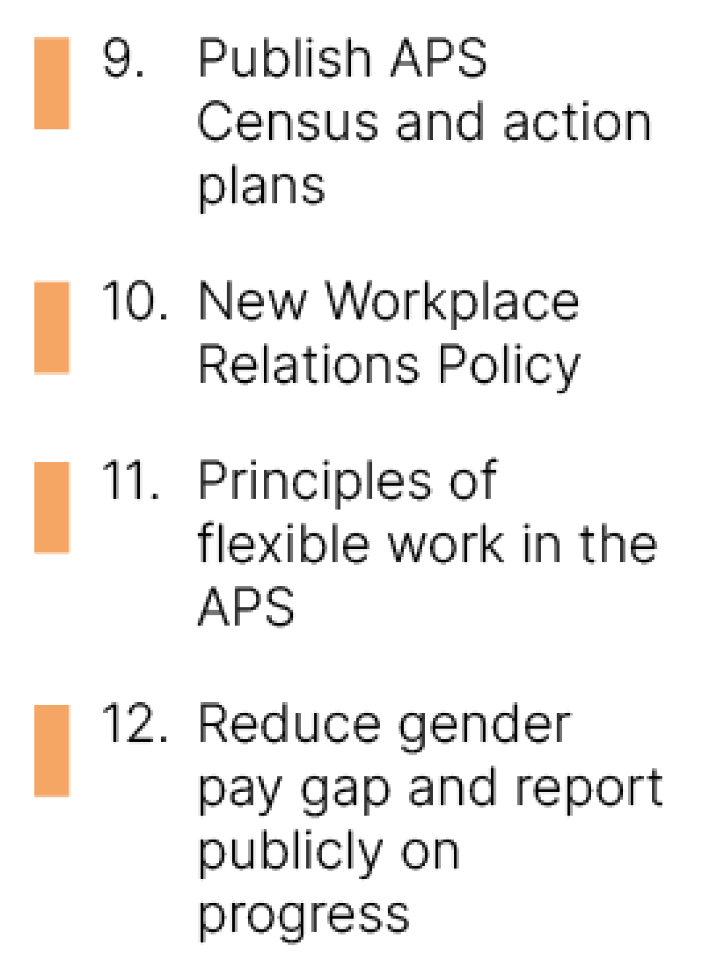 34% (15 of 44) initiatives are currently in delivery stage. These include: Publish APS Census and action plans, New Workplace Relations Policy, Principles of flexible work in the APS, Reduce gender pay gap and report publicly on progress - (under the APS is model employer pillar)