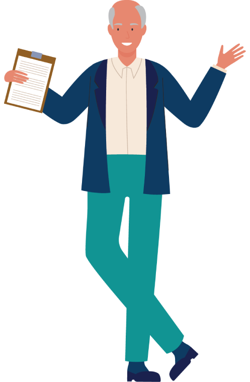 image of a man, smiling, holding a clipboard and paper