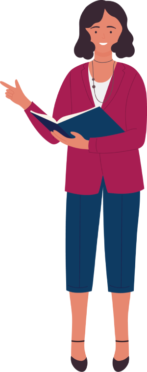 image of a woman holding a book pointing