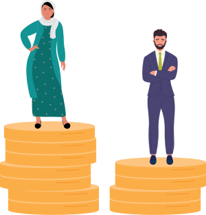 picture of a woman standing on 7 large coins and a man standing on 4 large coins