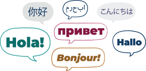 Speech bubbles with different languages being spoken