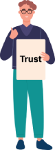 Image of a man with his thumb up, holding a sign that says trust