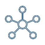 Line drawings of 5 small circles connected by lines to a larger circle in the middle